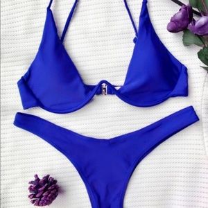 blue plunge bikini set